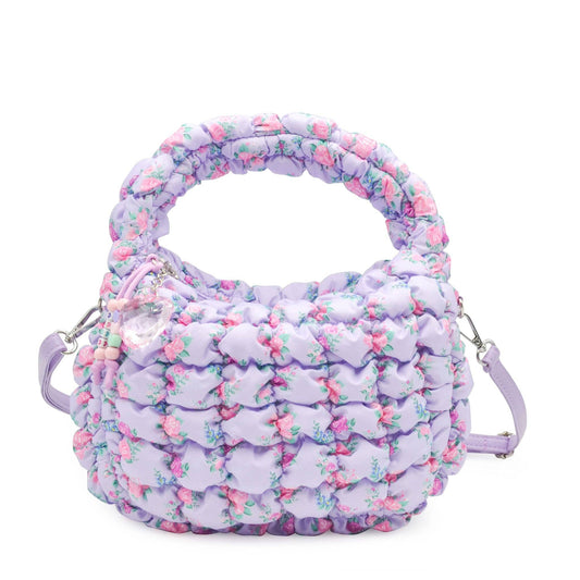 Quilted Scrunchies Floral Printed Mini Hobo Crossbody Bag: Lavender Floral Print Scrunch