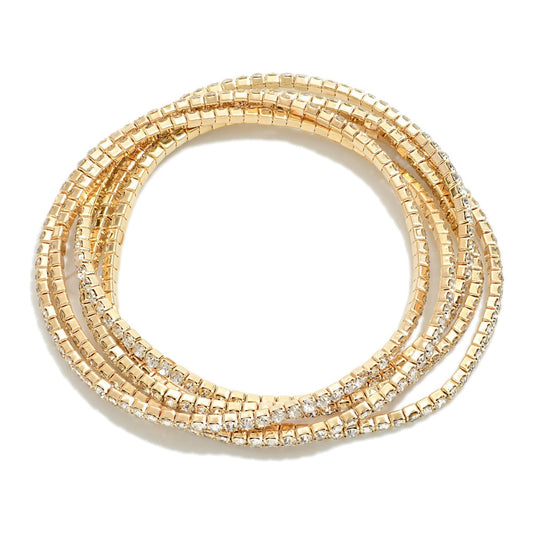 Set of Five Linked Rhinestone Stretch Bracelets - Gold