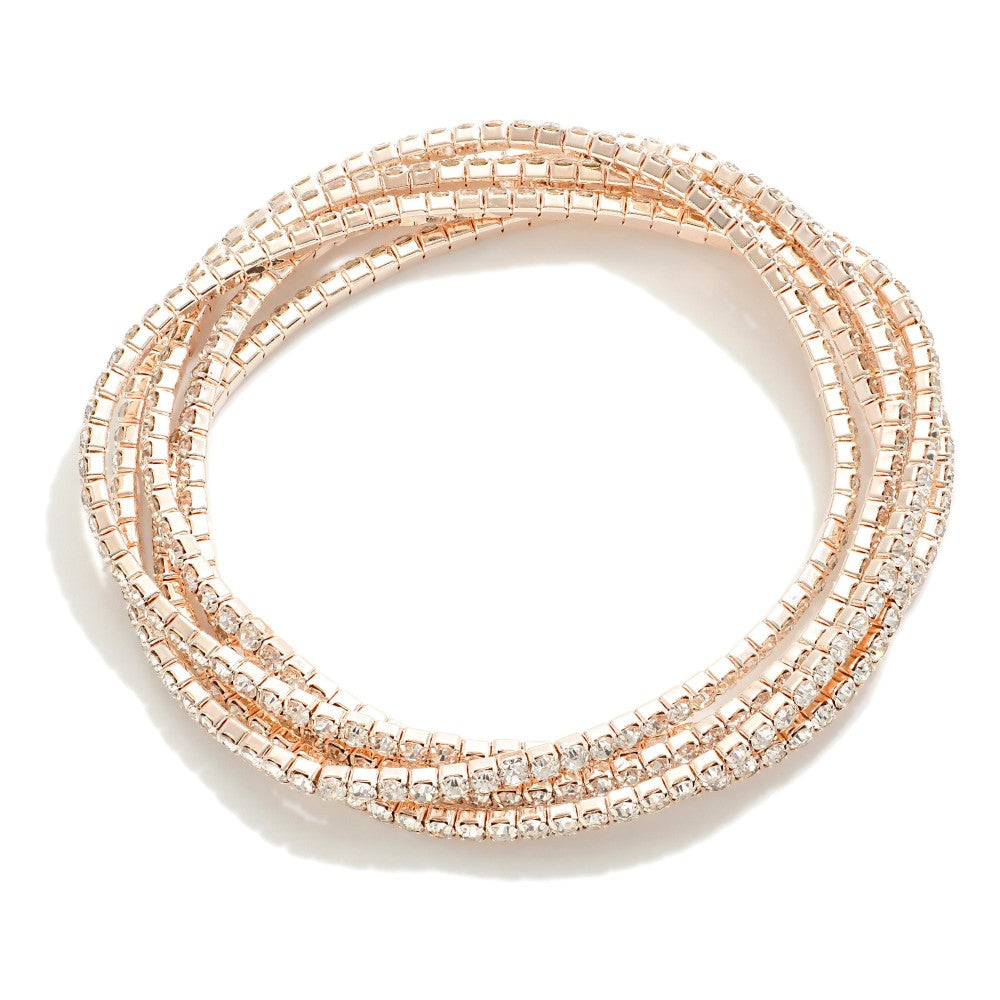 Set of Five Linked Rhinestone Stretch Bracelets - Rose Gold