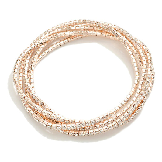 Set of Five Linked Rhinestone Stretch Bracelets - Rose Gold