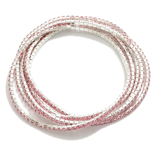 Set of Five Linked Rhinestone Stretch Bracelets - Rose Quartz