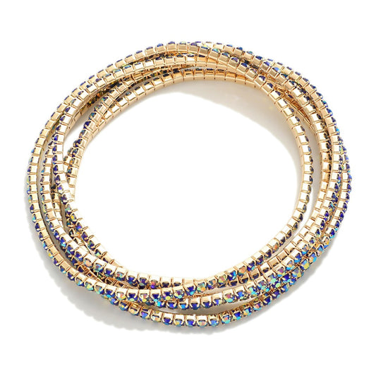 Set of Five Linked Rhinestone Stretch Bracelets - Sapphire Gold