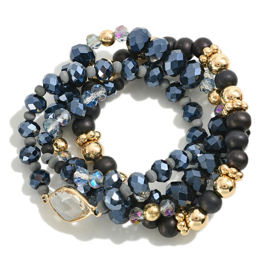 Set of Four Faceted and Wood Beaded Stretch Bracelets Featuring Rhinestone Post- Black