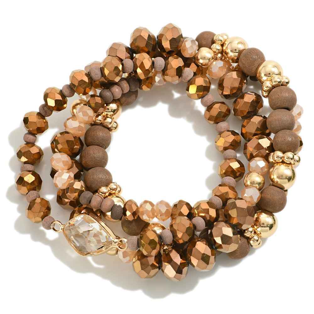 Set of Four Faceted and Wood Beaded Stretch Bracelets Featuring Rhinestone Post - Brown