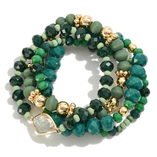 Set of Four Faceted and Wood Beaded Stretch Bracelets Featuring Rhinestone Post- Green