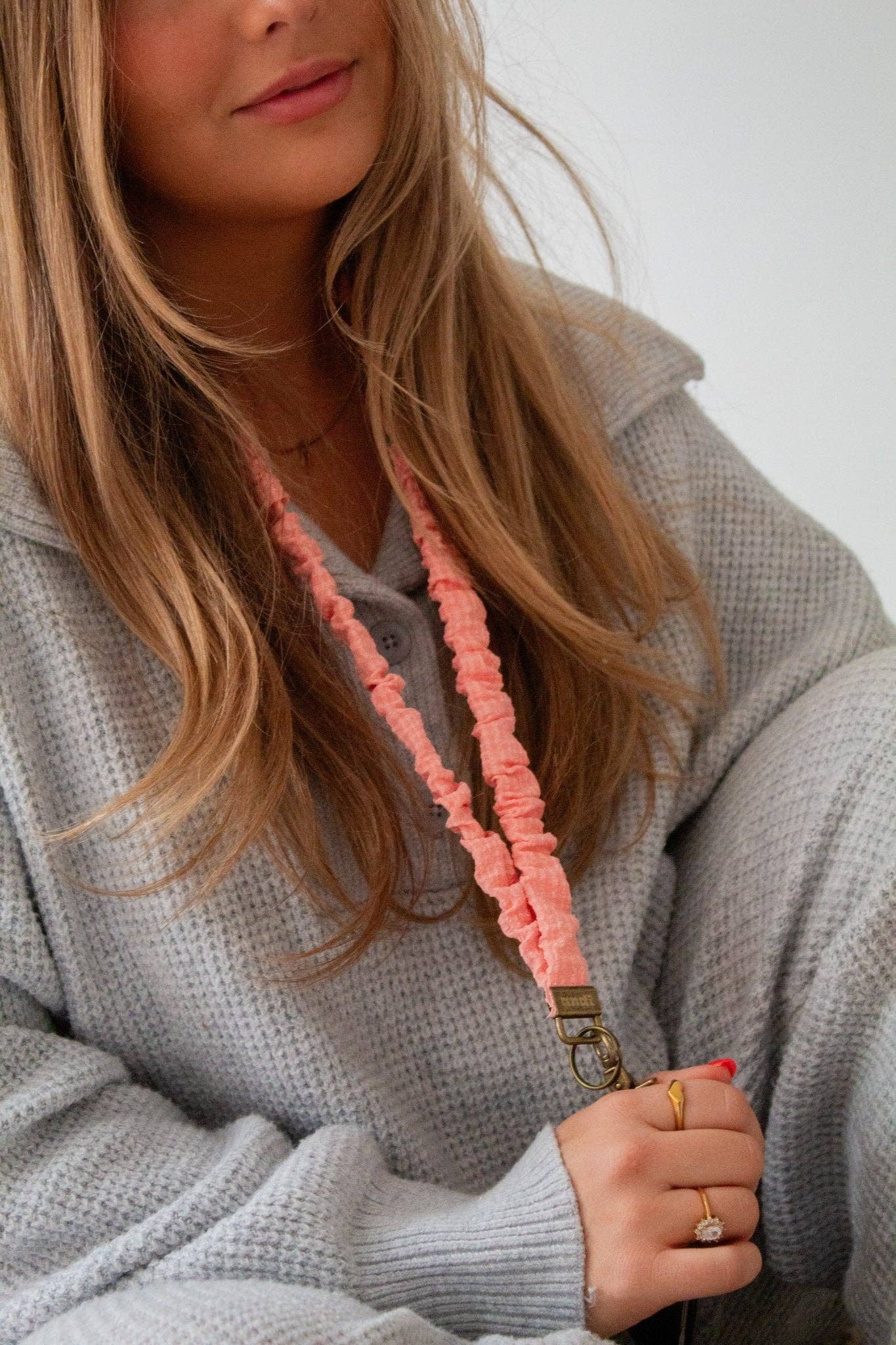 Andi Coral Gingham Stretch Lanyard