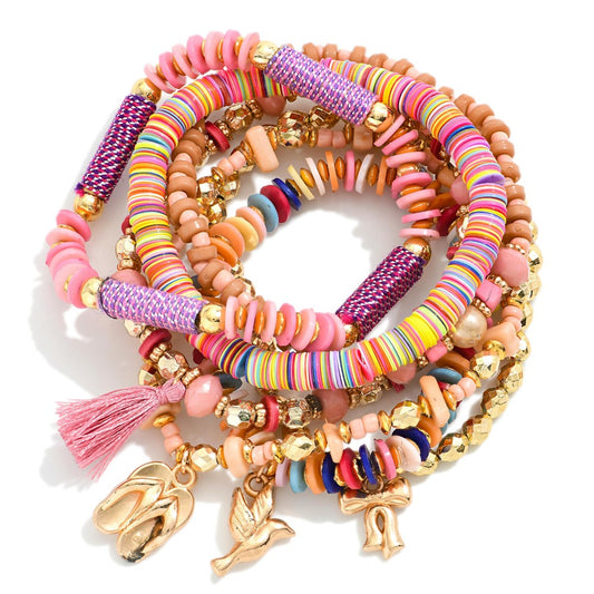 Set Of Seven Beaded Stretch Bracelets Featuring Sequins, Gold Tones, & Charms