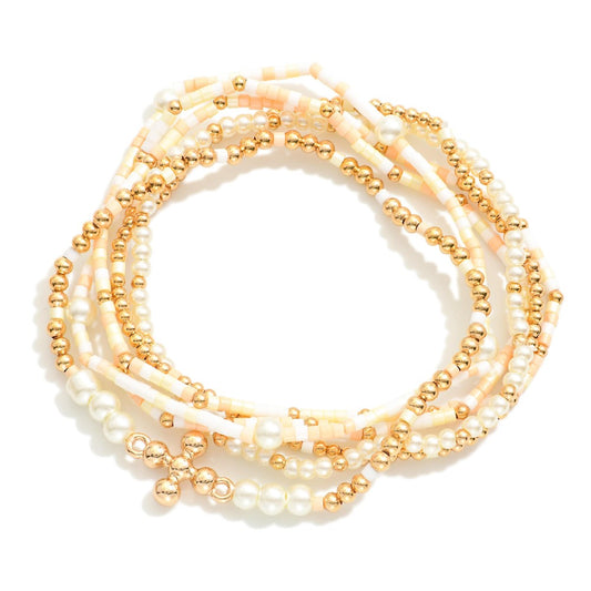 Set of Six Beaded Stretch Bracelets Featuring Pearl Beads and Dainty Cross Charm