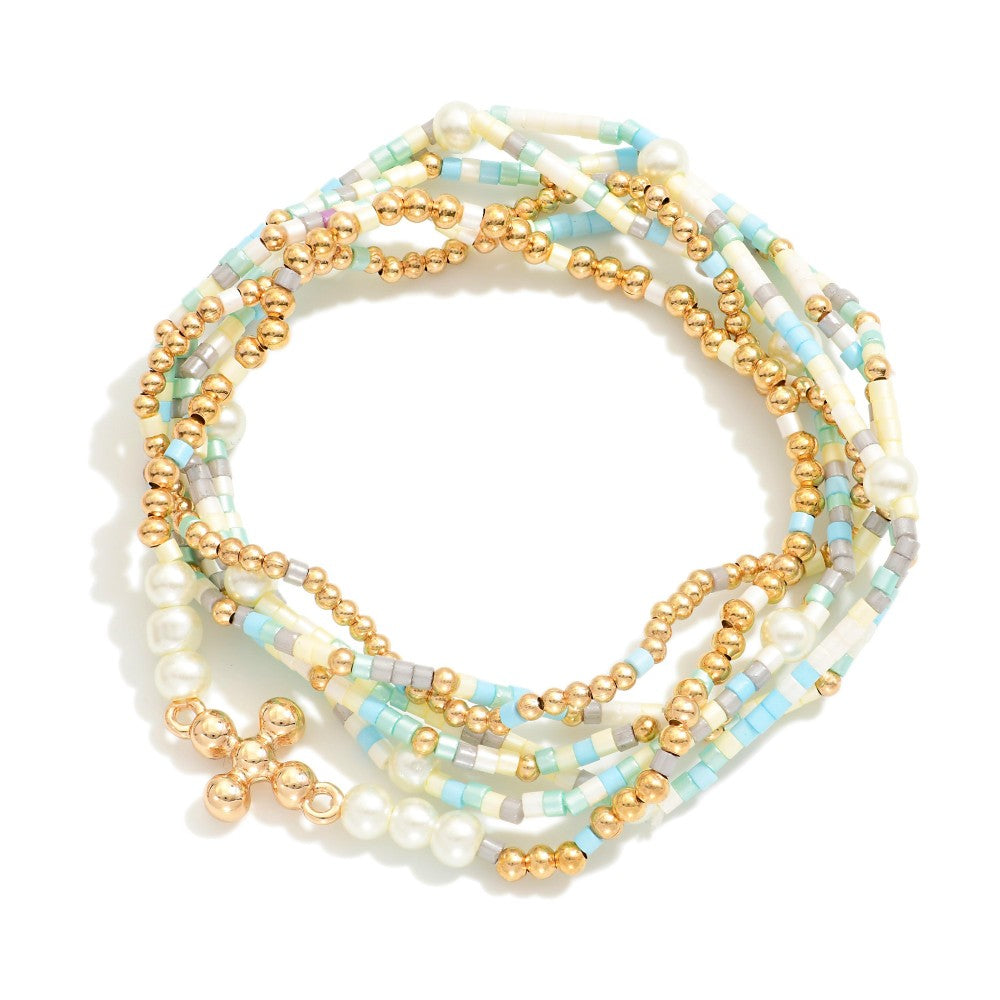 Set of Six Beaded Stretch Bracelets Featuring Pearl Beads and Dainty Cross Charm - Turquoise
