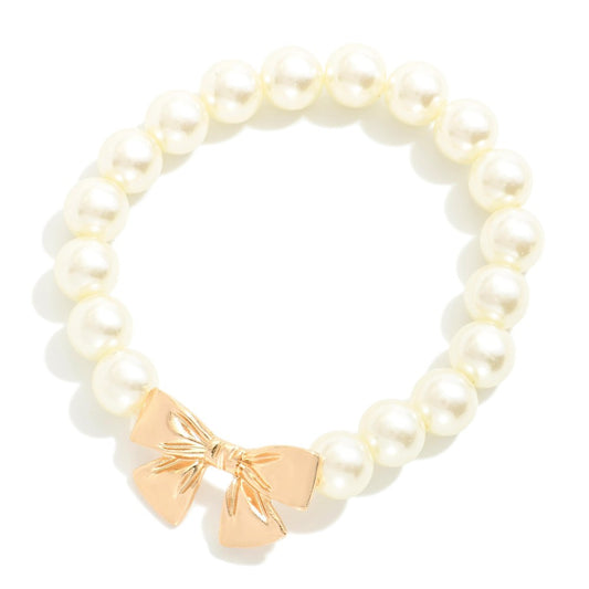 Pearl Beaded Stretch Bracelet With Gold Tone Bow Focal