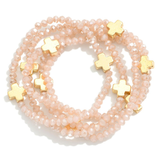Set of Five Faceted Glass Bead Stretch Bracelets Featuring Dainty Metal Gold Tone Cross Beads- Blush
