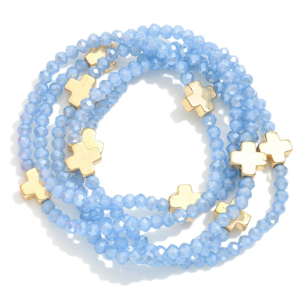 Set of Five Faceted Glass Bead Stretch Bracelets Featuring Dainty Metal Gold Tone Cross Beads- Blue