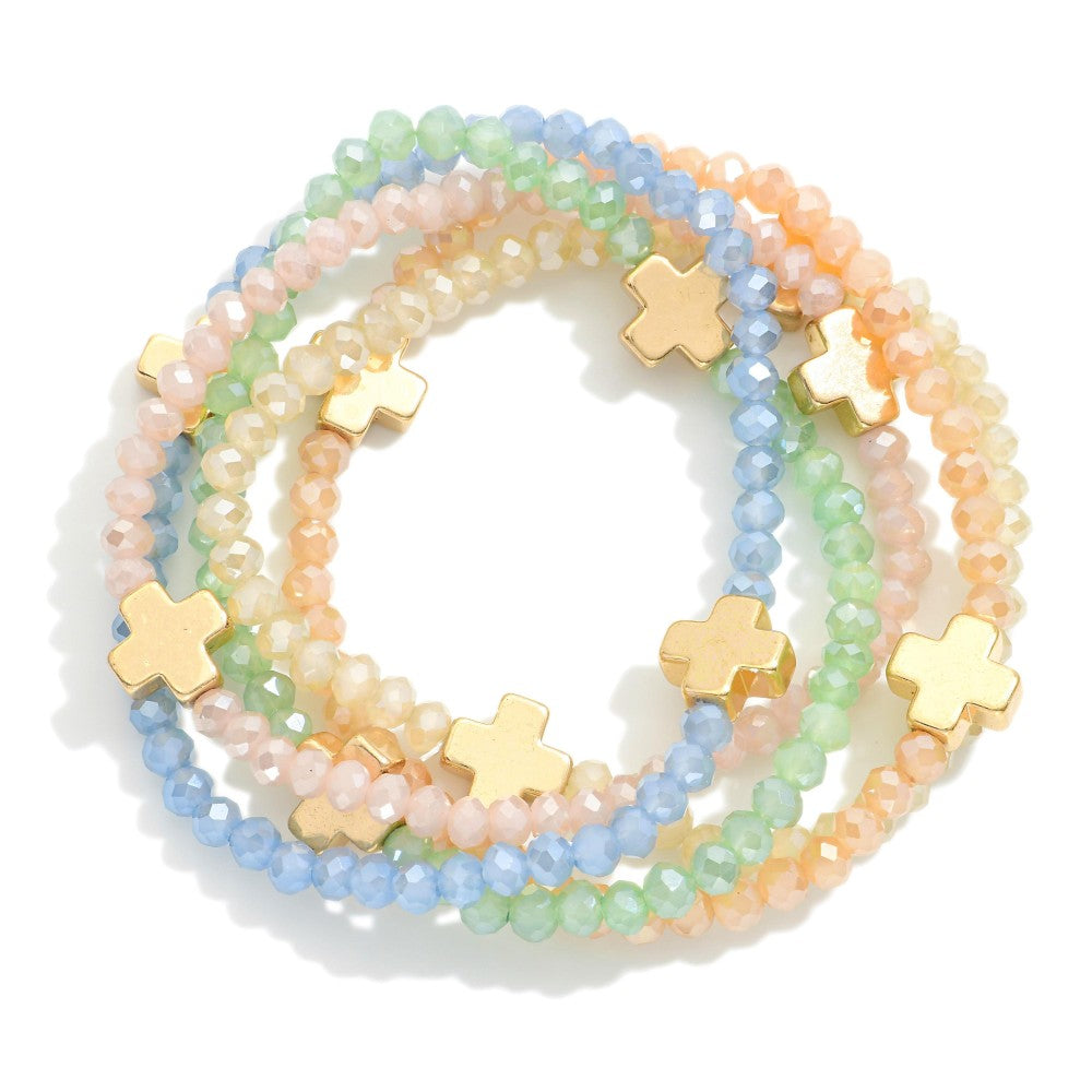 Set of Five Faceted Glass Bead Stretch Bracelets Featuring Dainty Metal Gold Tone Cross Beads- Multi