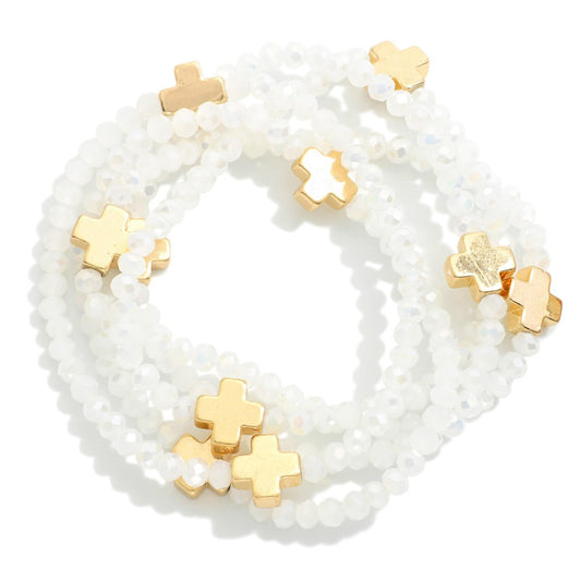 Set of Five Faceted Glass Bead Stretch Bracelets Featuring Dainty Metal Gold Tone Cross Beads- White
