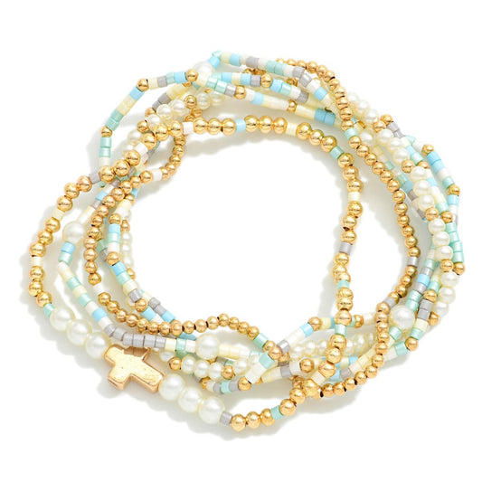 Set of Six Seed Bead, Pearl, and Gold Tone Beaded Stretch Bracelets With Cross Charm - Turquoise