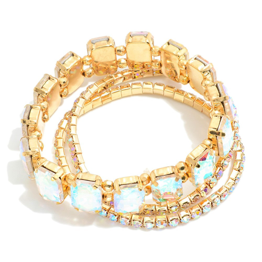 Set of Three Linked Cushion Cut Rhinestone Stretch Bracelets - Gold