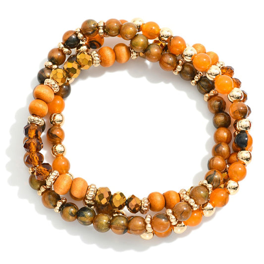 Set of Three Natural Stone Beaded Stretch Bracelets With Wood and Faceted Bead Details