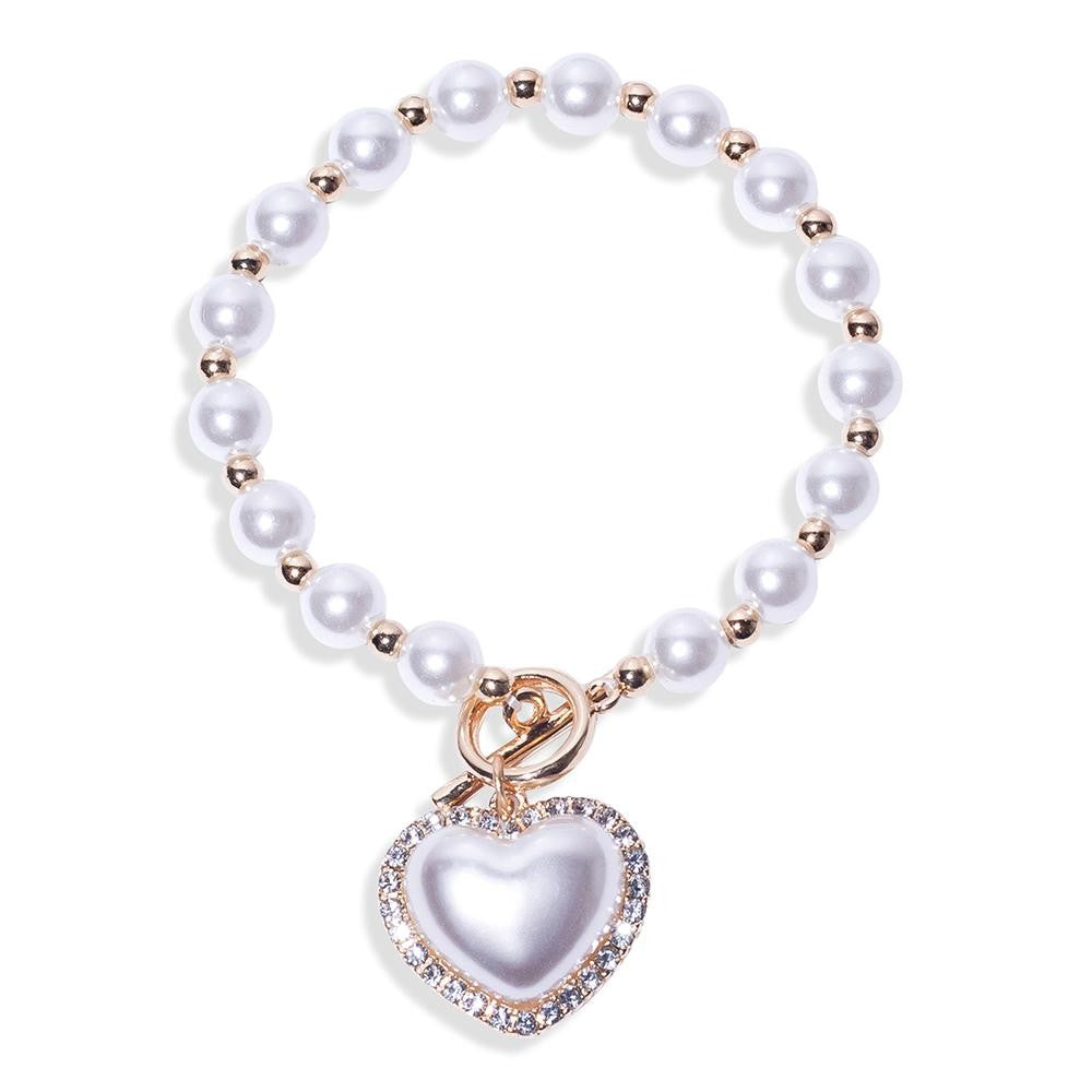 Pearl Beaded Bracelet Featuring Pearl & Rhinestone Heart Pendant With Toggle Clasp