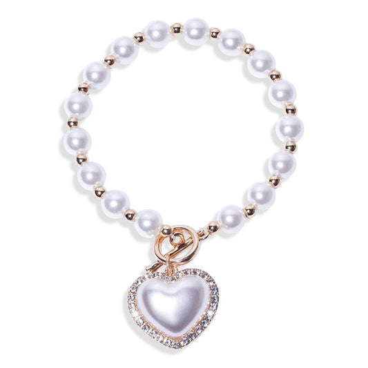 Pearl Beaded Bracelet Featuring Pearl & Rhinestone Heart Pendant With Toggle Clasp