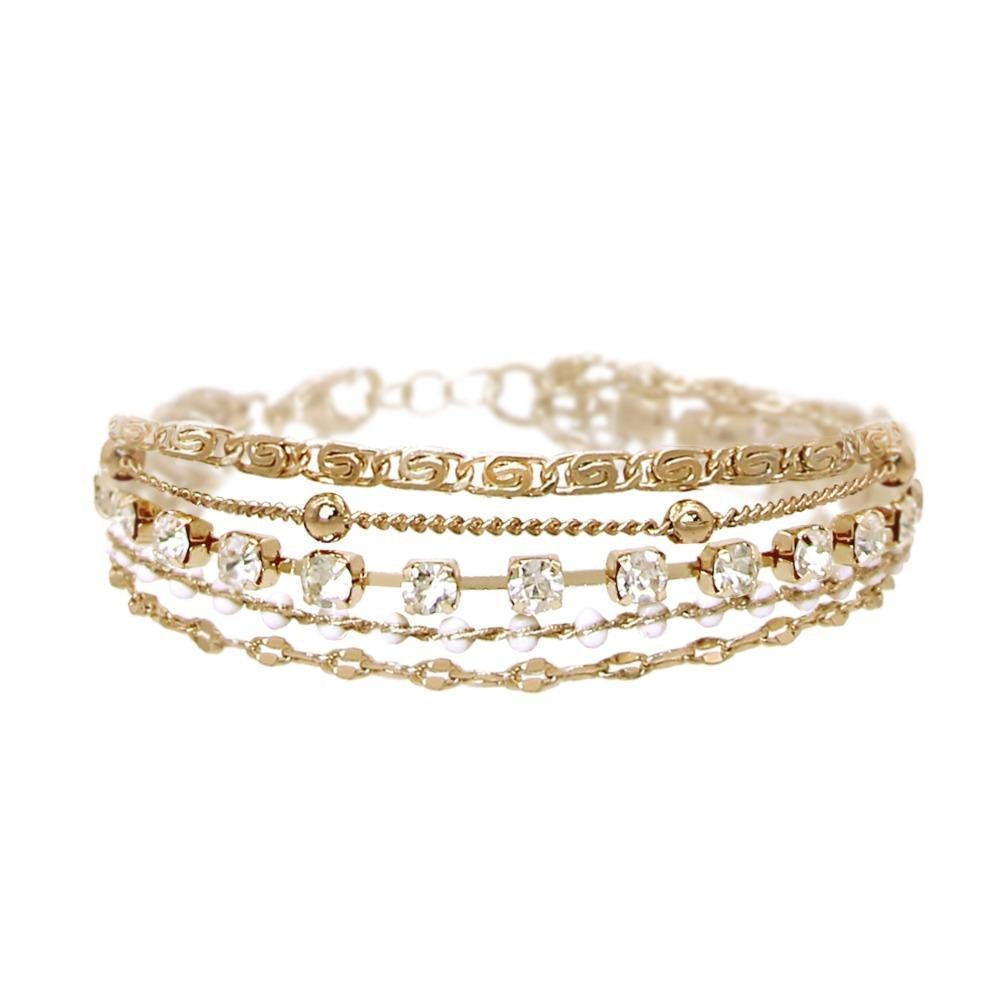 Chain Link Layered Bracelet Featuring Gold Tones & Rhinestones