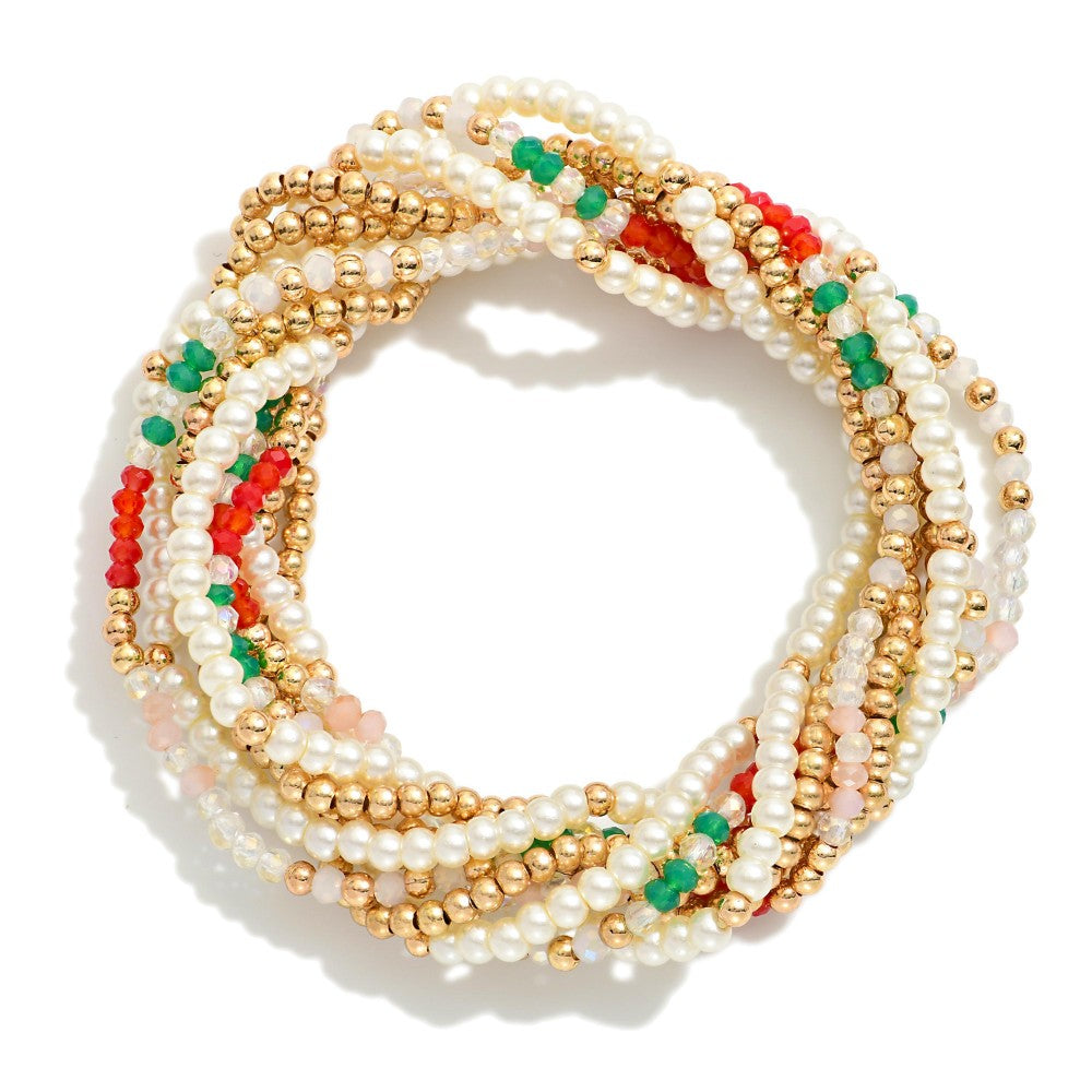 Set Of Nine Petite Bead Beaded Stretch Bracelets Featuring Pearls, Metal Tones, & Faceted Beads - Red & Green
