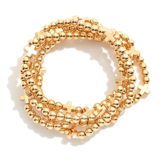 Set Of Five Metal Tone Beaded Stretch Bracelets Featuring Criss Cross Stations - Gold
