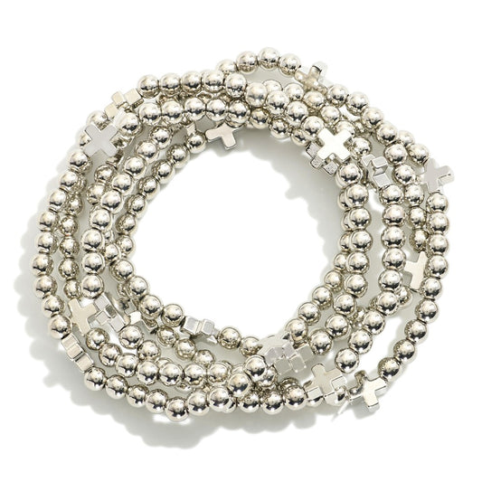Set Of Five Metal Tone Beaded Stretch Bracelets Featuring Criss Cross Stations - Silver
