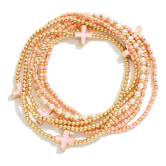 Set Of Seven Beaded Stretch Bracelets Featuring Metal Tones, Pearls, & Enamel Criss Cross Beads - Pink