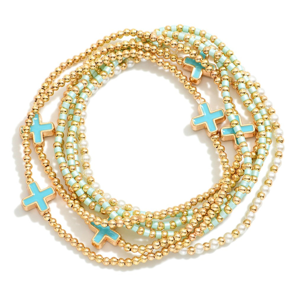 Set Of Seven Beaded Stretch Bracelets Featuring Metal Tones, Pearls, & Enamel Criss Cross Beads - Turquoise