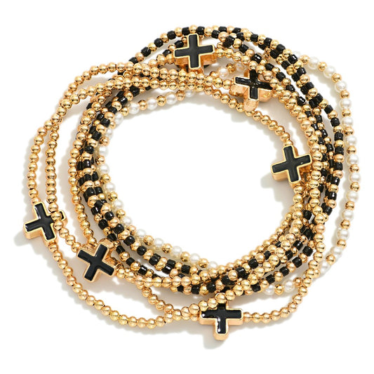 Set Of Seven Beaded Stretch Bracelets Featuring Metal Tones, Pearls, & Enamel Criss Cross Beads - Black