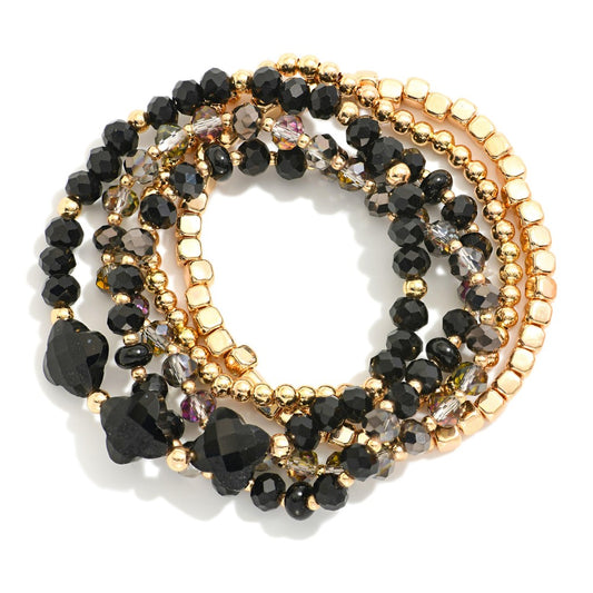 Set Of Five Beaded Stretch Bracelets Featuring Faceted Beads, Metal Tones, & Stone Clovers - Black