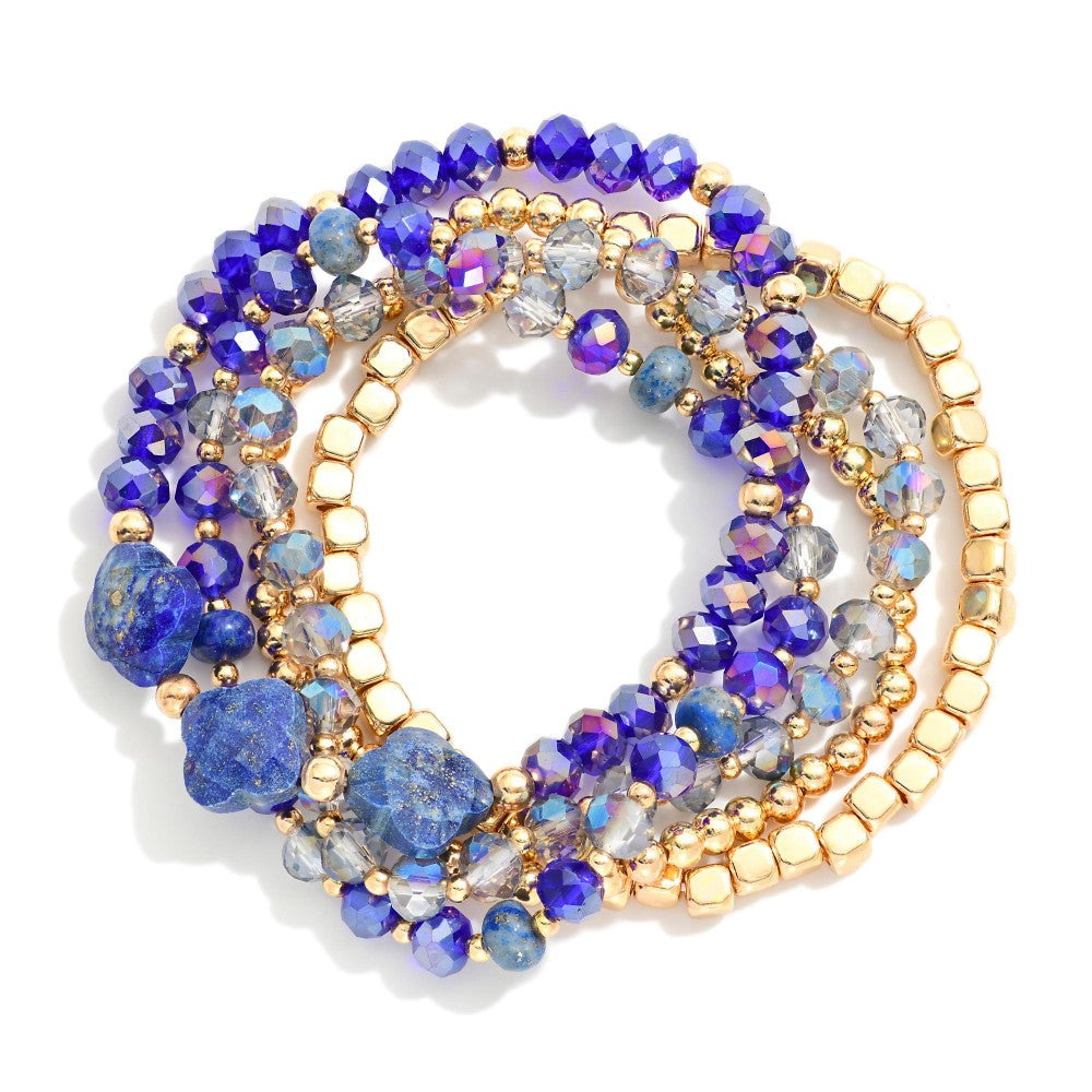 Set Of Five Beaded Stretch Bracelets Featuring Faceted Beads, Metal Tones, & Stone Clovers - Blue