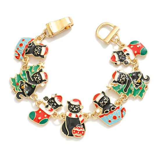 Linked Enamel Christmas Cats Chain Link Bracelet