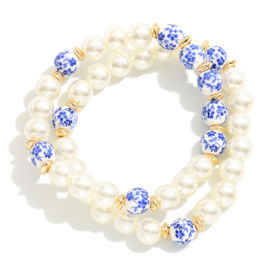 Set Of Two Pearl Beaded Stretch Bracelets Featuring Chinoiserie Beads