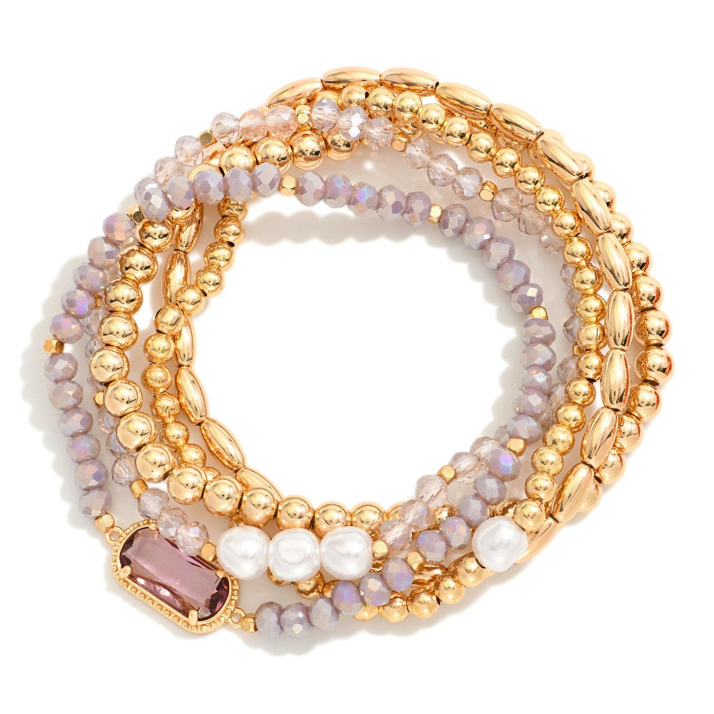 Set Of Five Beaded Stretch Bracelets Featuring Metal Tones, Faceted Beads, & Glass Crystal Accent - Purple