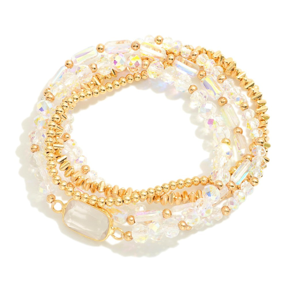 Set Of Five Beaded Stretch Bracelets Featuring Metal Tones, Faceted Beads, & Glass Crystal Accent - White