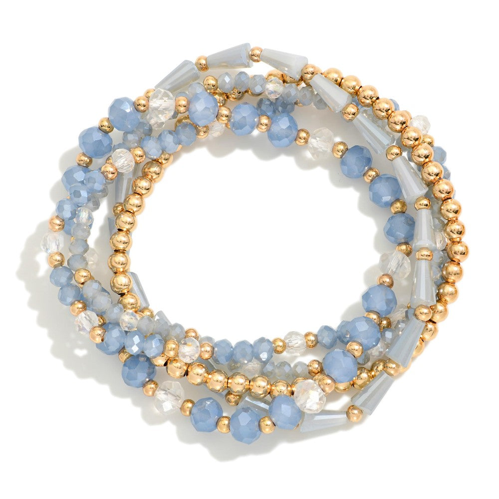 Set Of Five Beaded Stretch Bracelets Featuring Metal Tones & Faceted Beads - Light Blue