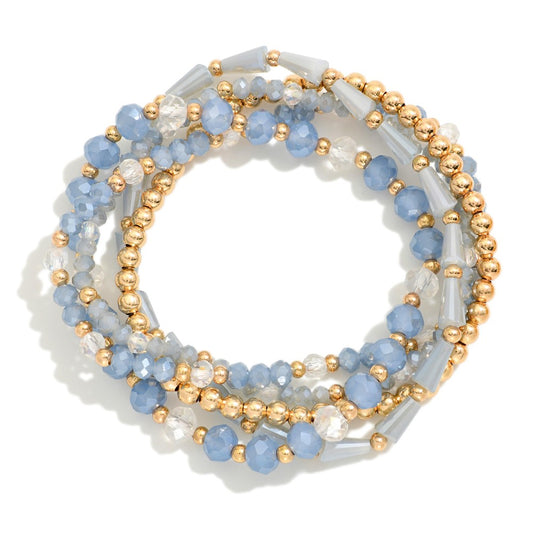Set Of Five Beaded Stretch Bracelets Featuring Metal Tones & Faceted Beads - Light Blue