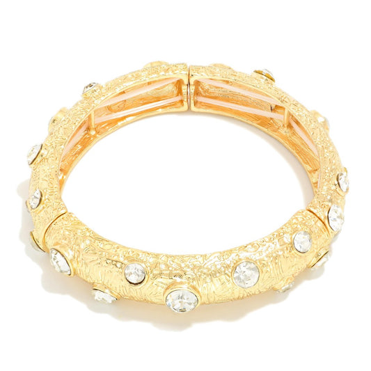 Textured Metal Stretch Bangle Bracelet Featuring Rhinestone Accents