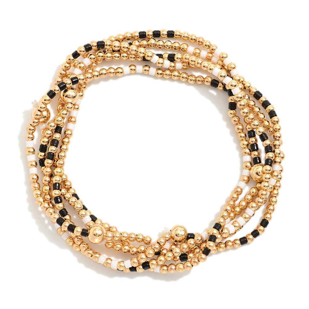 Set Of Five Game Day Beaded Stretch Bracelets Featuring Heishi Beads & Metal Tones - Black & White