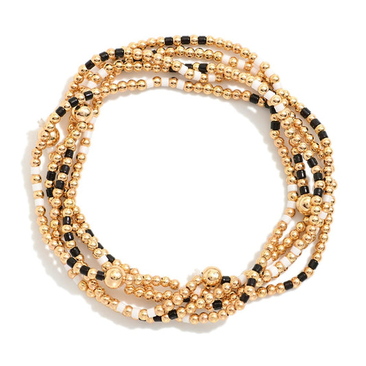 Set Of Five Game Day Beaded Stretch Bracelets Featuring Heishi Beads & Metal Tones - Black & White