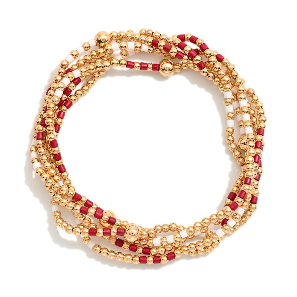 Set Of Five Game Day Beaded Stretch Bracelets Featuring Heishi Beads & Metal Tones - Burgundy & White