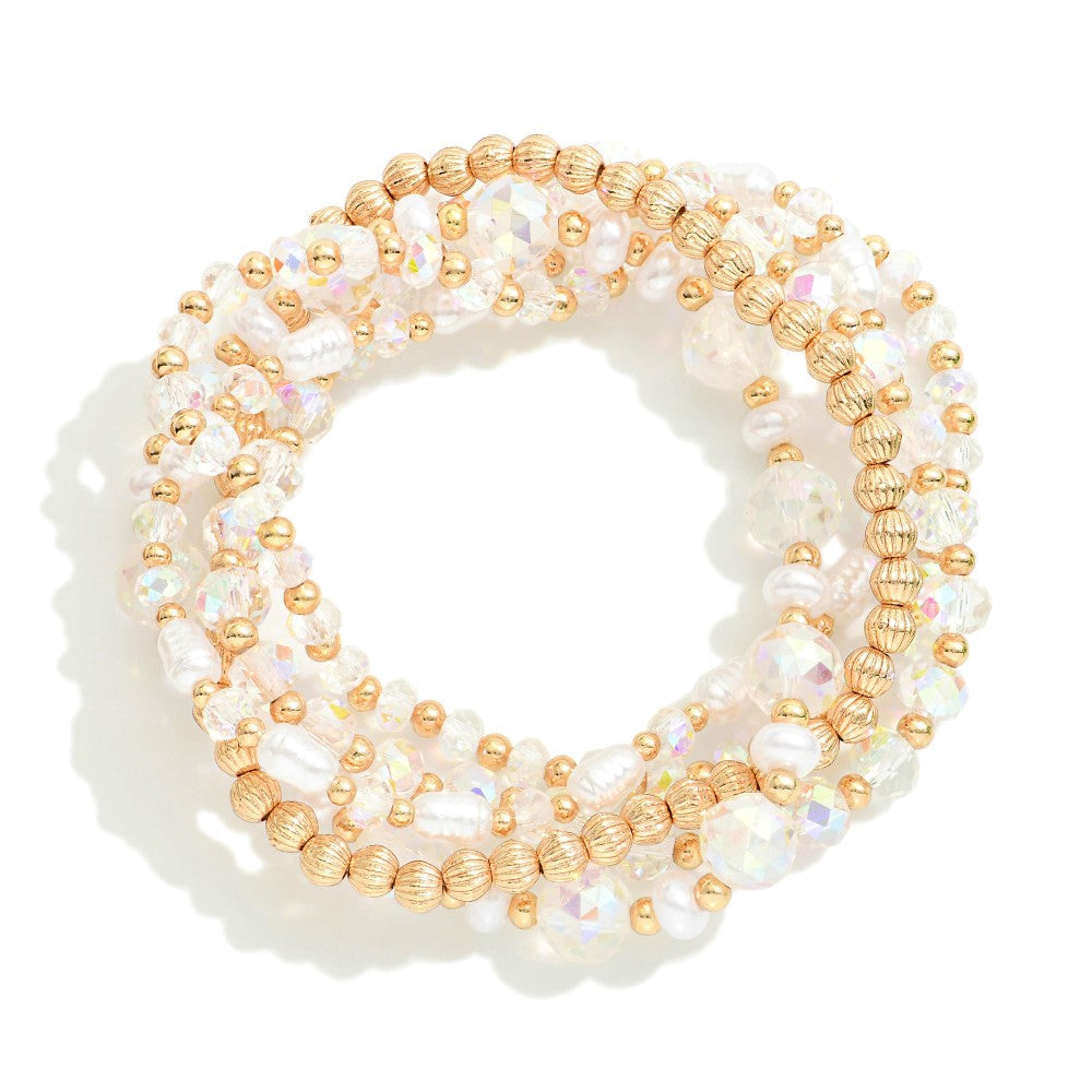 Set Of Four Beaded Stretch Bracelets Featuring Faceted Beads, Pearl, & Gold Tones - Crystal