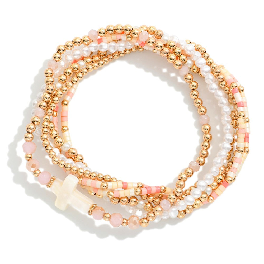 Set Of Six Beaded Stretch Bracelets Featuring Heishi Beads, Metal Tones, & Pearl East West Cross -Pink