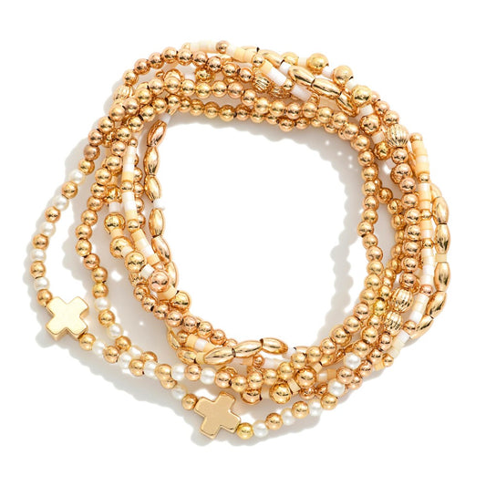 Set Of Six Beaded Stretch Bracelets Featuring Metal Tones, Heishi Beads, & Plus Crosses - Natural