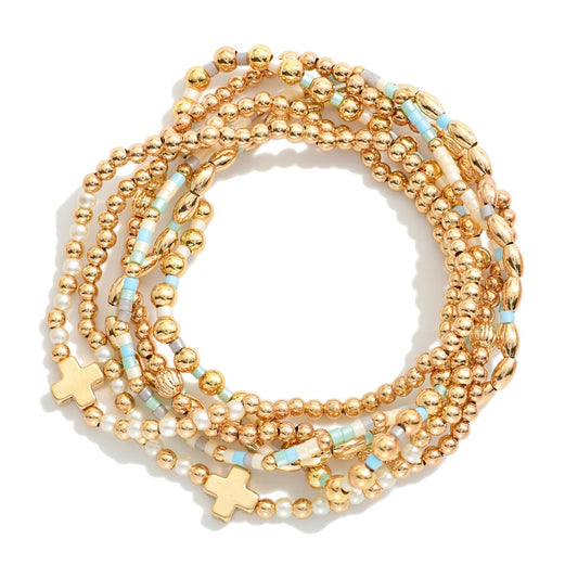 Set Of Six Beaded Stretch Bracelets Featuring Metal Tones, Heishi Beads, & Plus Crosses - Turquoise