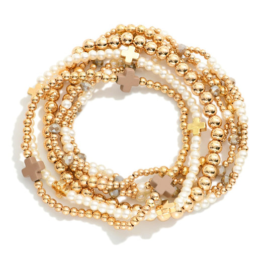 Set Of Seven Gold Tone Beaded Bracelet Featuring Criss Cross Bead And Pearls - Brown