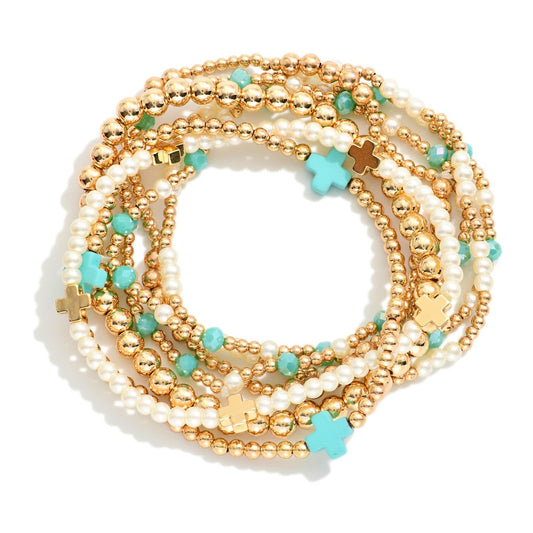 Set Of Seven Gold Tone Beaded Bracelet Featuring Criss Cross Bead And Pearls - Turquiose