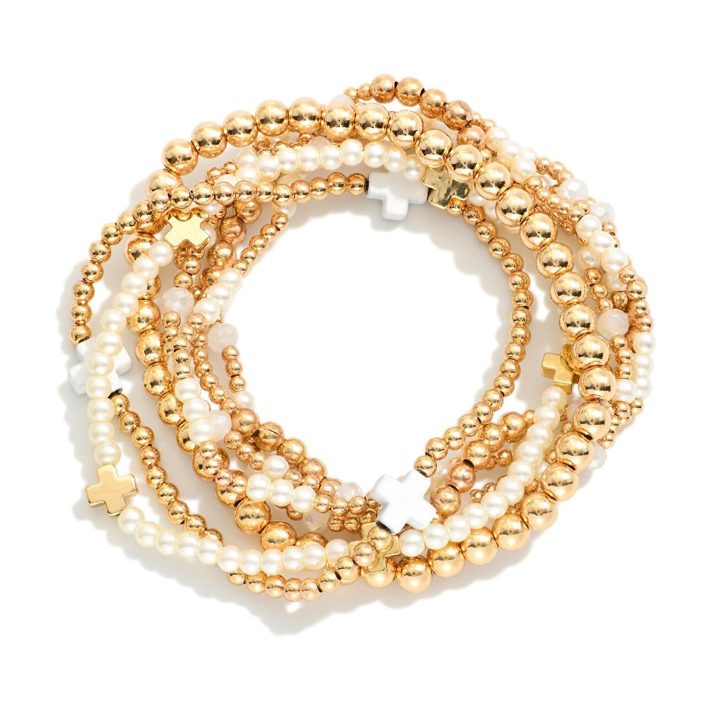 Set Of Seven Gold Tone Beaded Bracelet Featuring Criss Cross Bead And Pearls - White