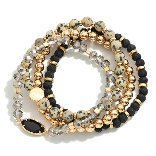 Set Of Four Beaded Stretch Bracelets Featuring Stone Beads & Gold Tones